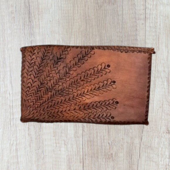 Vintage 60s Brown Leather Envelope Hand Tooled Clutch Purse Wristlet Bag - Picture 3 of 4